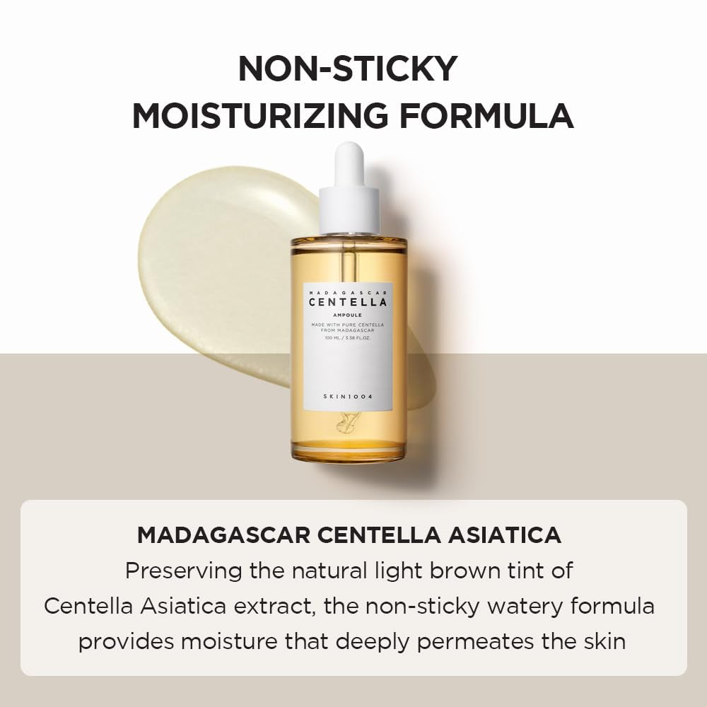 Skincare bottle with text about non-sticky moisturizing formula and Madagascar Centella Asiatica