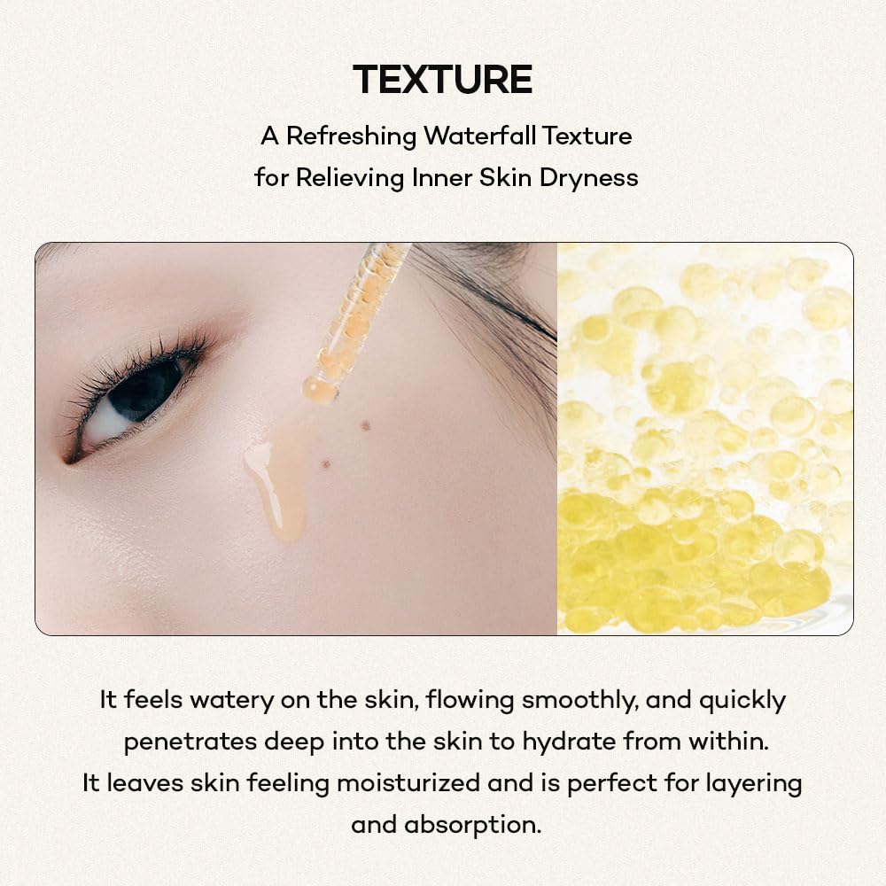 Product description with texture depiction and close-up of skin application.