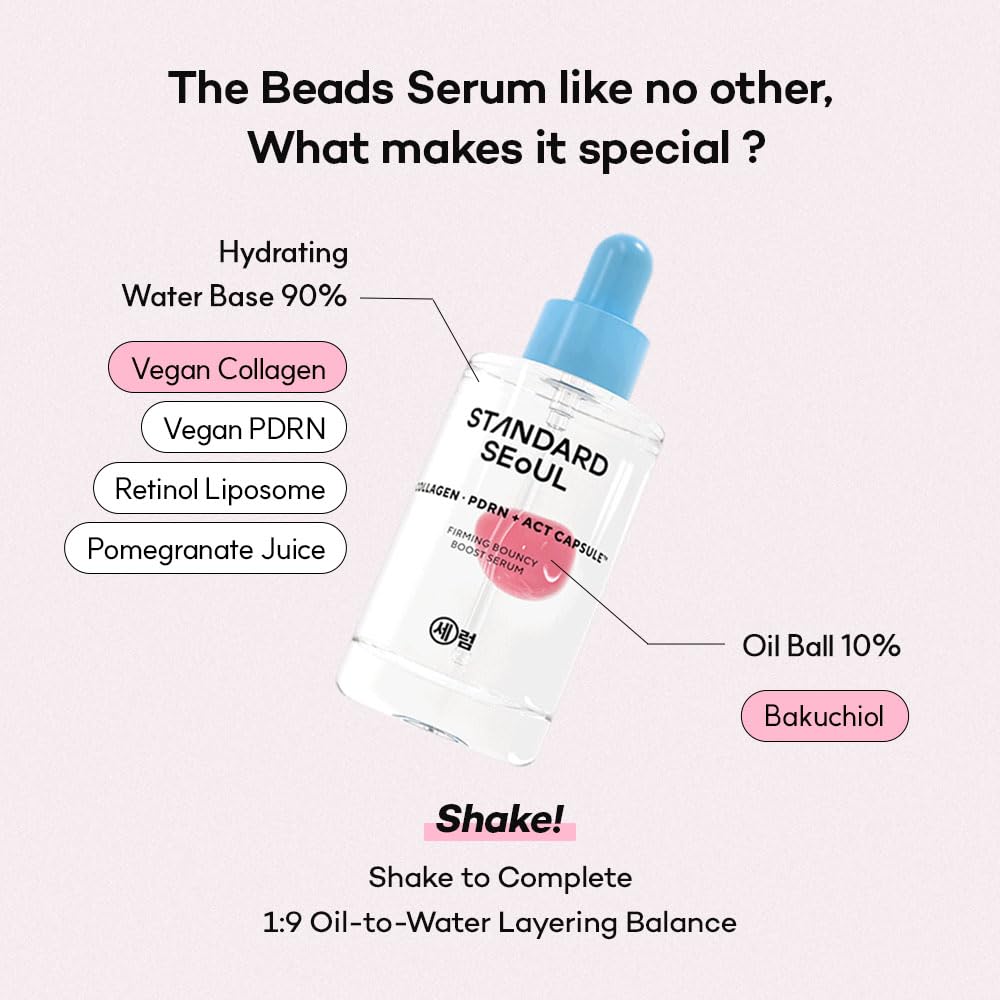 Standard Seoul beads serum with ingredients listed on a pink background