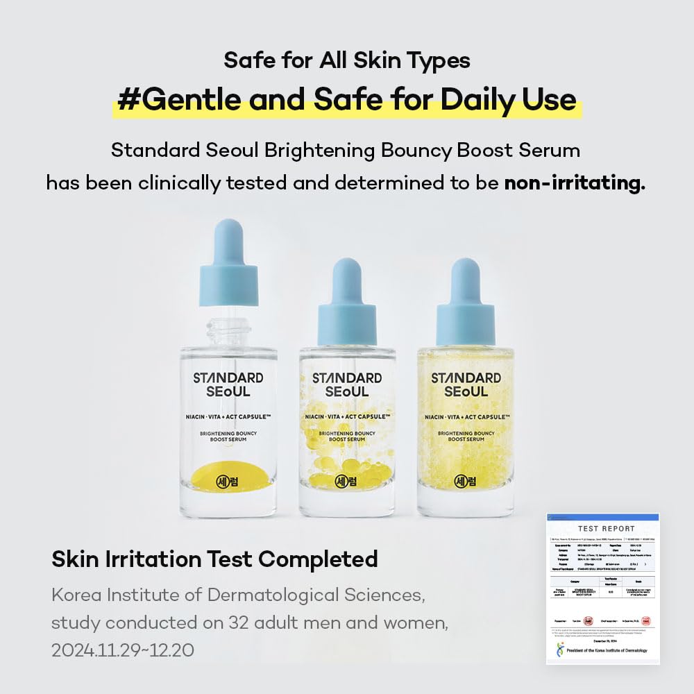 Three bottles of Standard Seoul serum with text about safety for all skin types and clinical testing.