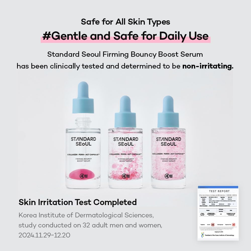 Three bottles of Standard Seoul Firming Bouncy Boost Serum with text about safety and testing on a white background.