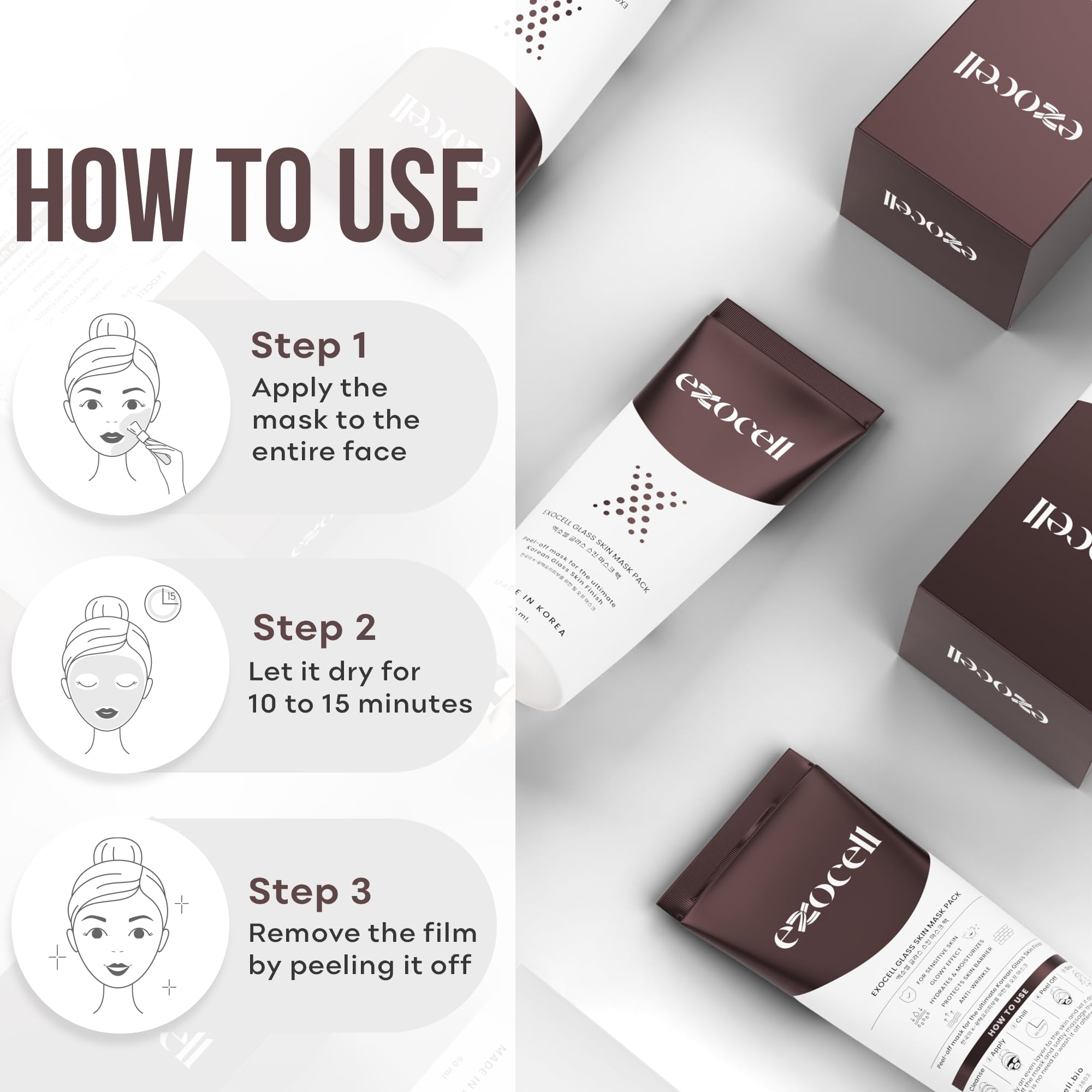 Exocell Glass Skin Mask Pack, Korean Peel-Off Mask for Ultimate Glossy Skin Finish, 60 ml