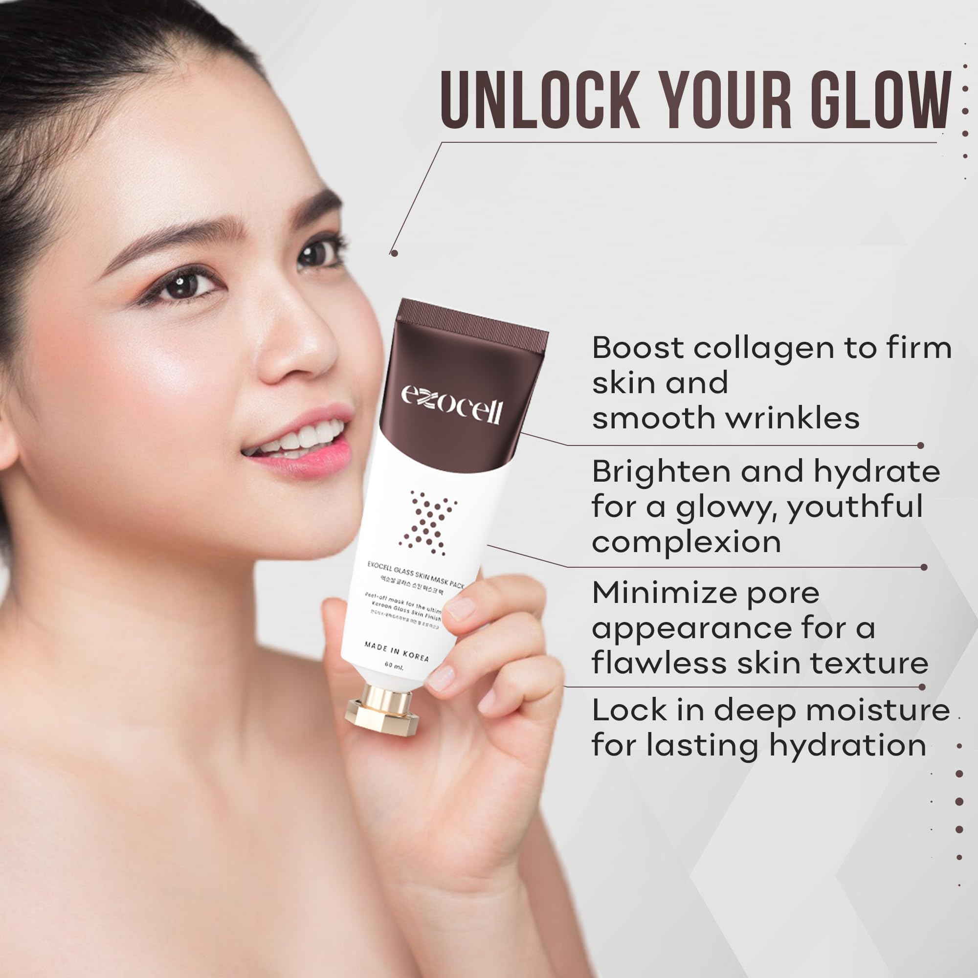 Exocell Glass Skin Mask Pack, Korean Peel-Off Mask for Ultimate Glossy Skin Finish, 60 ml