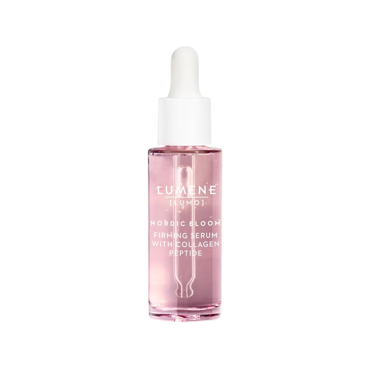 Pink serum bottle with white cap on a white background