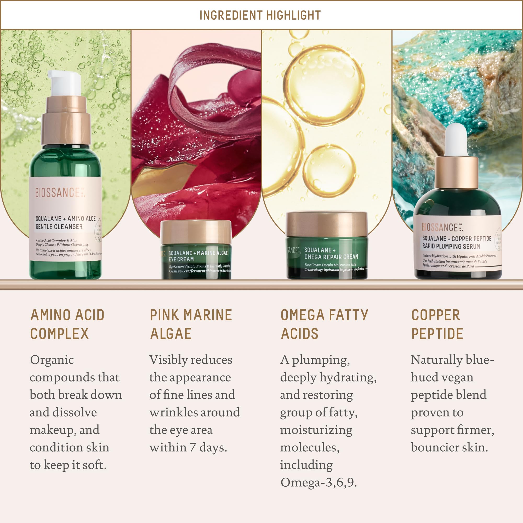 Biossance Plump and Hydrate Skincare Set - Amino Aloe Gentle Foaming Cleanser, Marine Algae Eye Cream, Copper Peptide Rapid Plumping Serum & Omega Moisturizer For Face Lock In Hydration For Your Skin