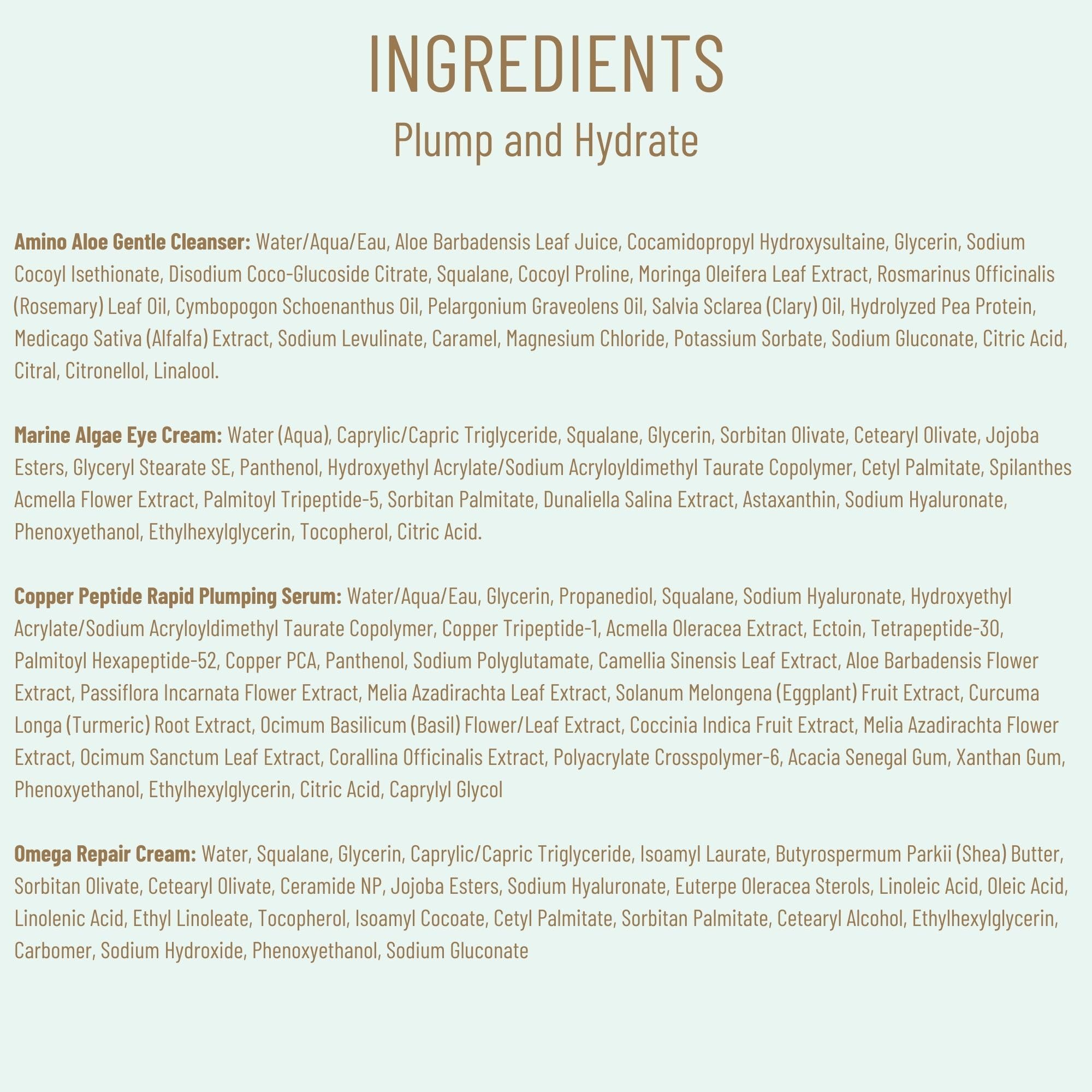 Biossance Plump and Hydrate Skincare Set - Amino Aloe Gentle Foaming Cleanser, Marine Algae Eye Cream, Copper Peptide Rapid Plumping Serum & Omega Moisturizer For Face Lock In Hydration For Your Skin