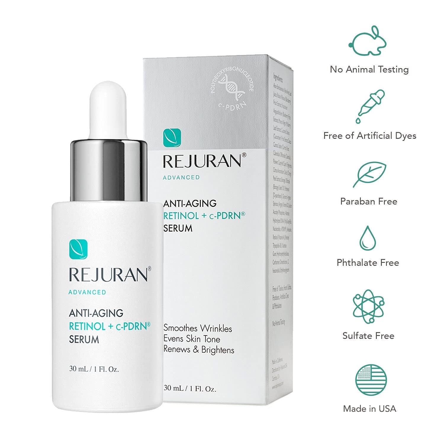 Rejuvenating serum bottle and packaging with Rejuran branding and product features on a white background.