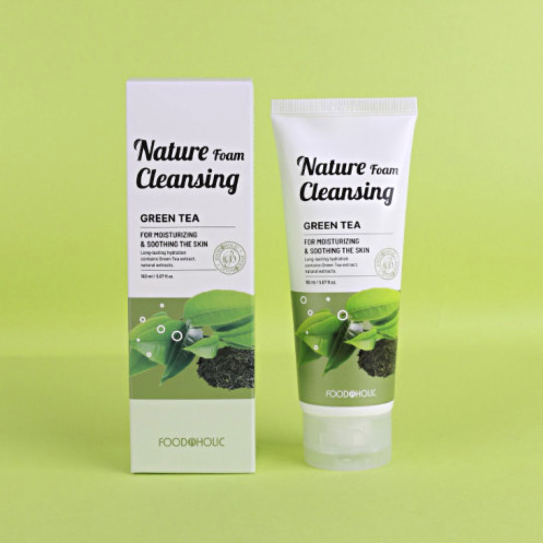 Nature Foam Cleansing Green Tea product with packaging on a green background