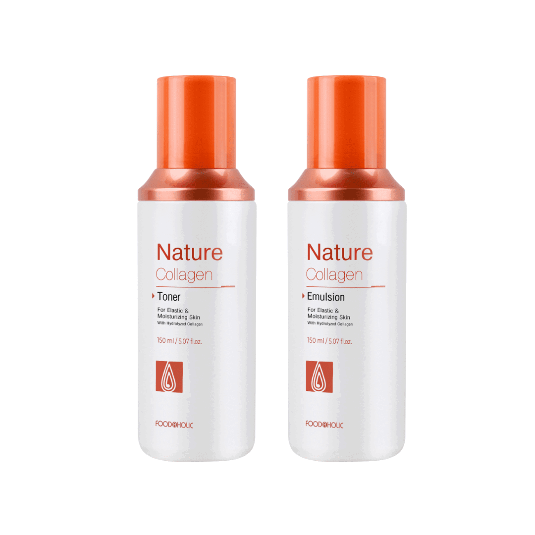 Two bottles of Nature Collagen toner and emulsion on a white background