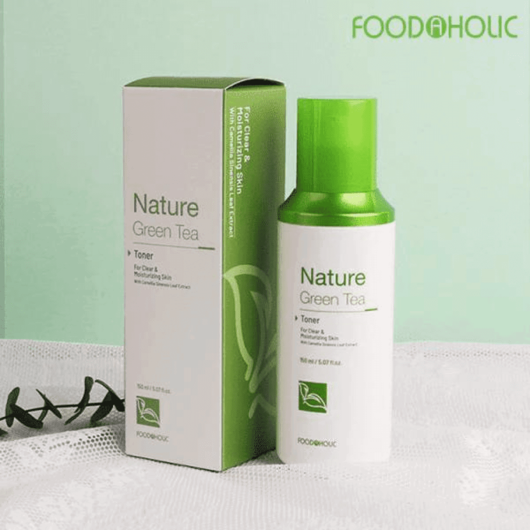 FOODOHOLIC Nature Green Tea toner bottle and packaging on a light green background
