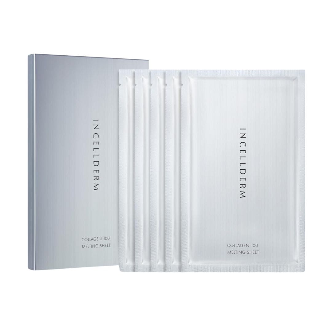 INCELLDERM collagen sheet masks in an open box on a white background