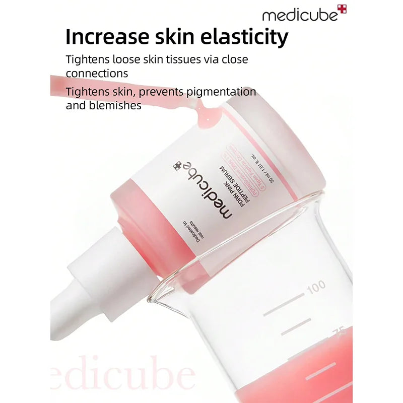Medicube skincare product with text on skin elasticity benefits on a white background