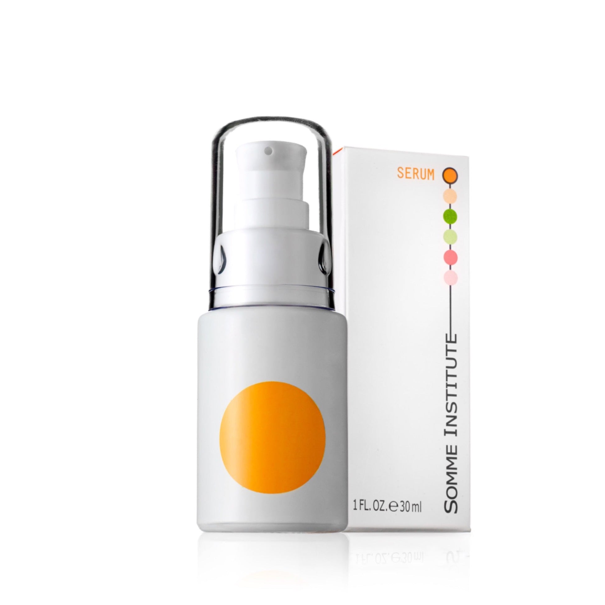 Somme Institute Serum Anti-Aging Protection bottle with orange gradient dot and packaging box, 1 FL.OZ. 30ml