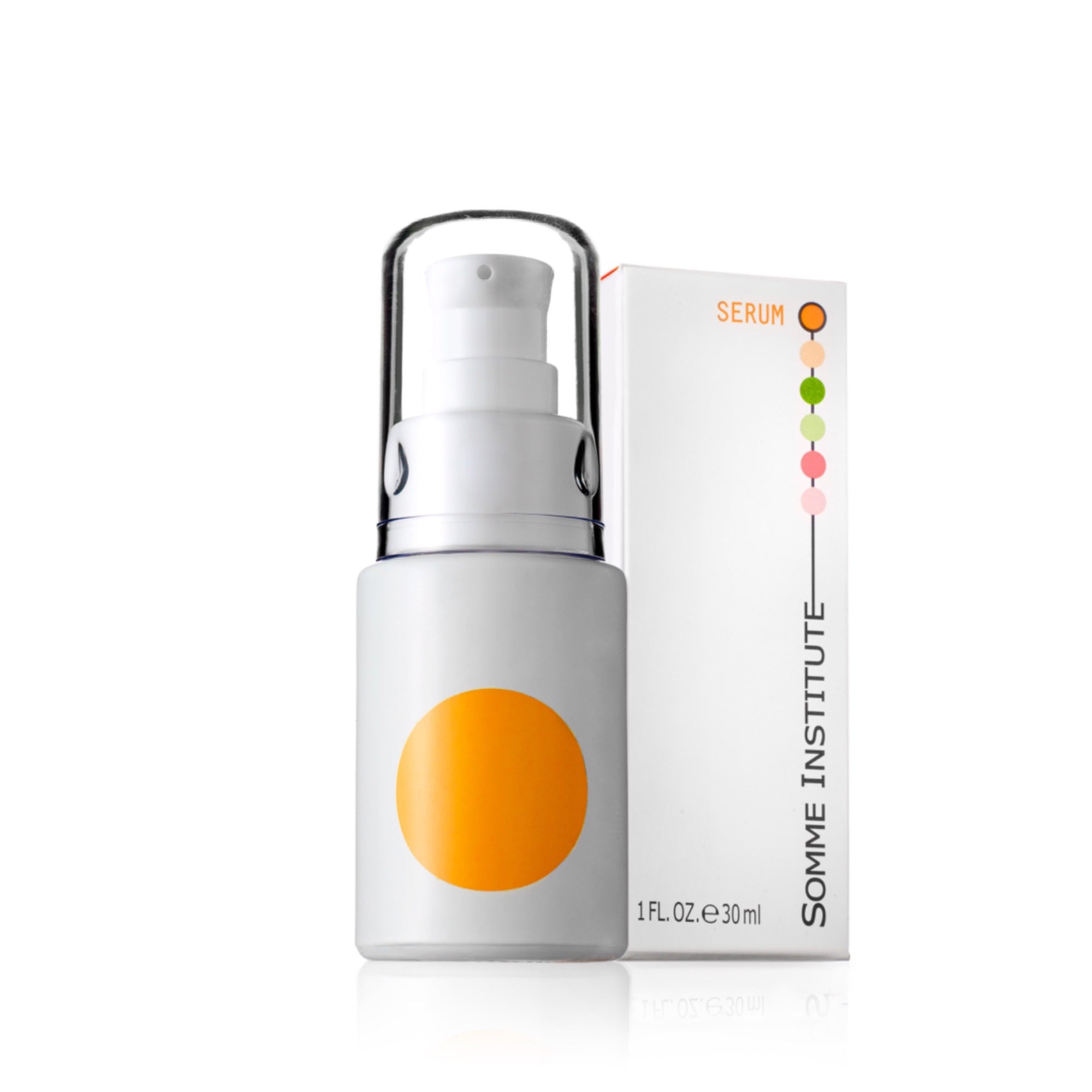 Somme Institute Serum Anti-Aging Protection bottle with orange gradient dot and packaging box, 1 FL.OZ. 30ml