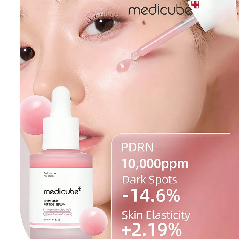 Medicube serum being applied to a person's face with product details displayed.