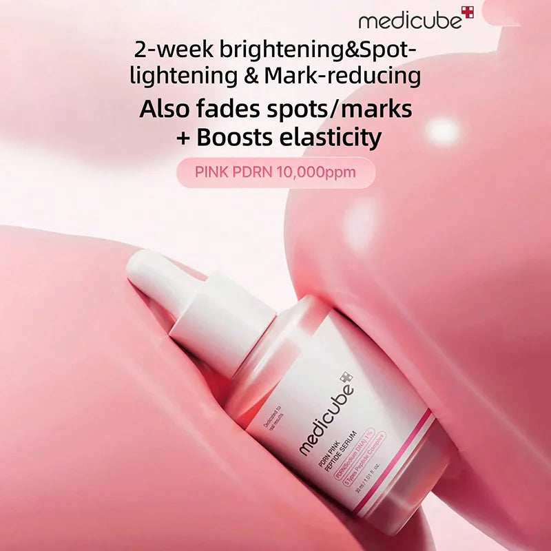 Medicube skincare serum bottle on a pink background with text about product benefits.