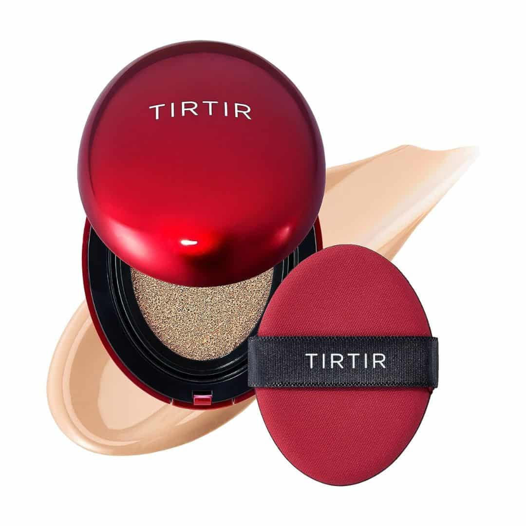 TIRTIR cosmetic compact with red lid and case on a white background
