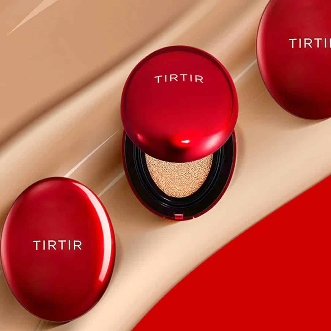 TIRTIR cosmetic compact on a beige and red background