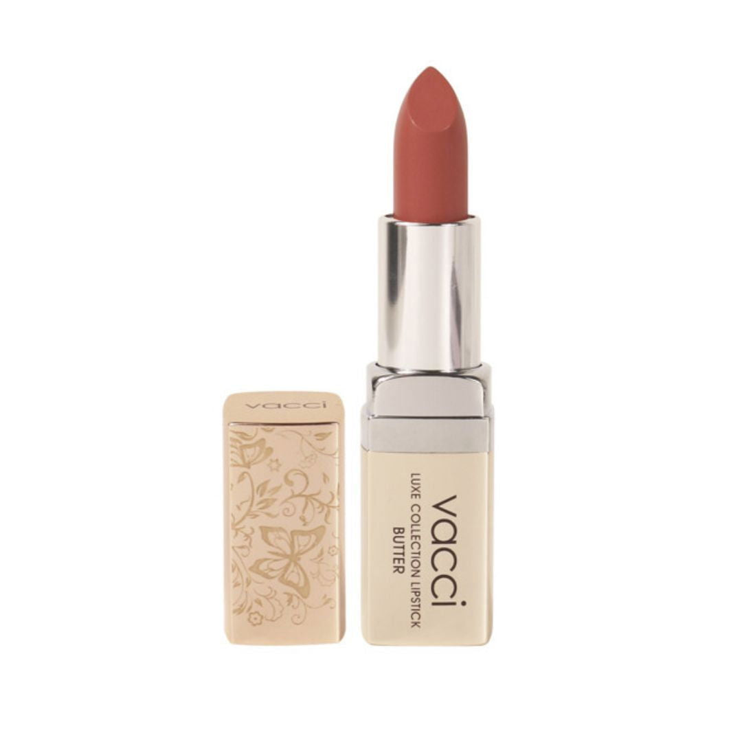 Lipstick with beige casing and silver top on a white background