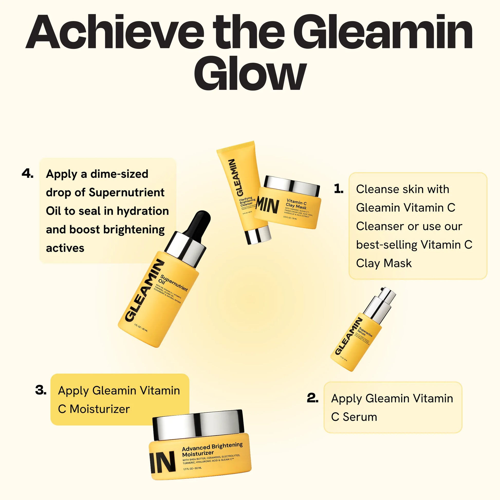 Achieve the GLEAMIN Glow - 4 step skincare routine with vitamin C products