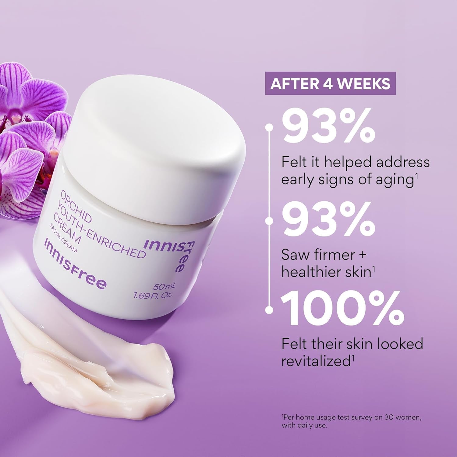 Innisfree Youth Enriched Cream with purple background and skincare benefits text