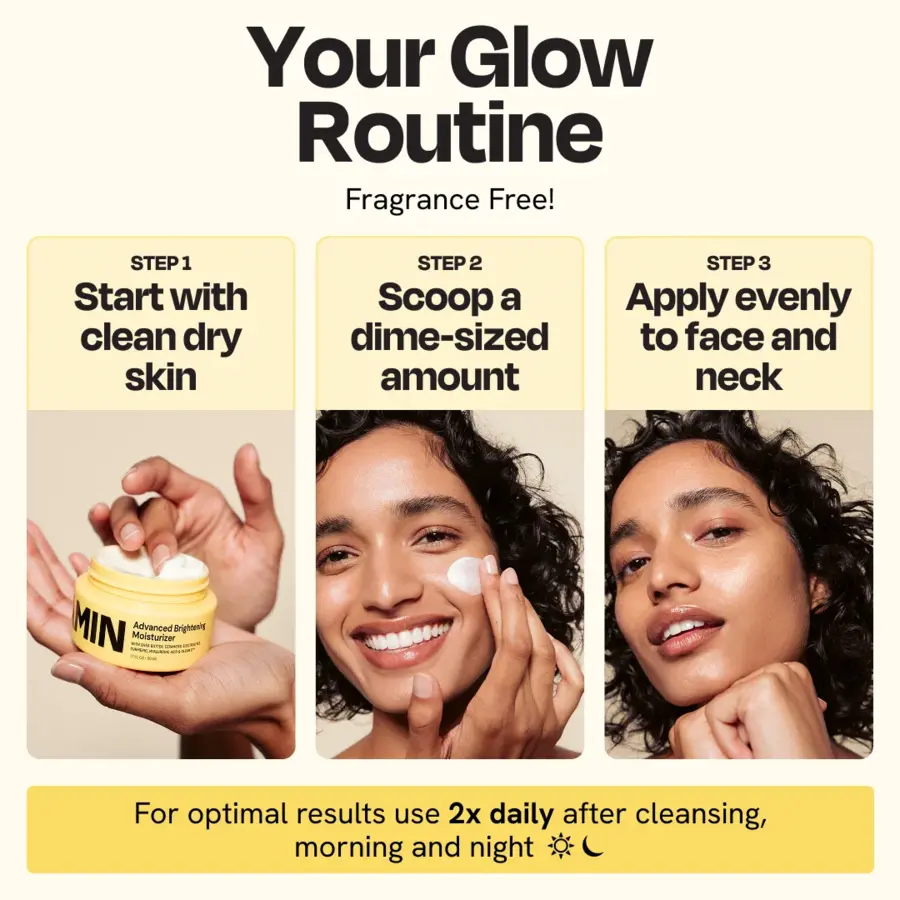 GLEAMIN Advanced Brightening Moisturizer application guide showing 3 steps for glowing skin