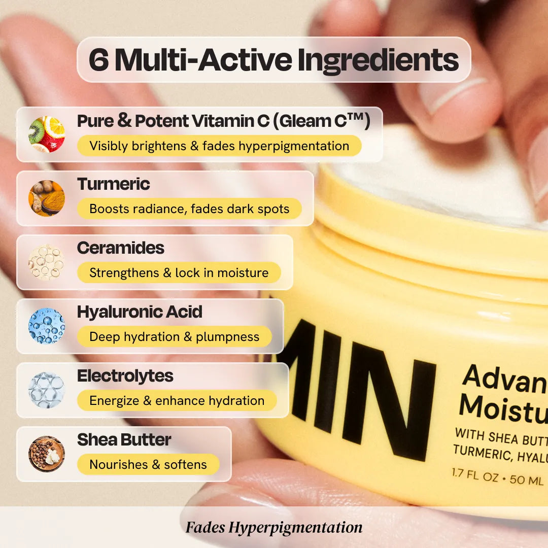 6 multi-active ingredients in GLEAMIN Brightening Moisturizer - vitamin C, turmeric, ceramides, hyaluronic acid